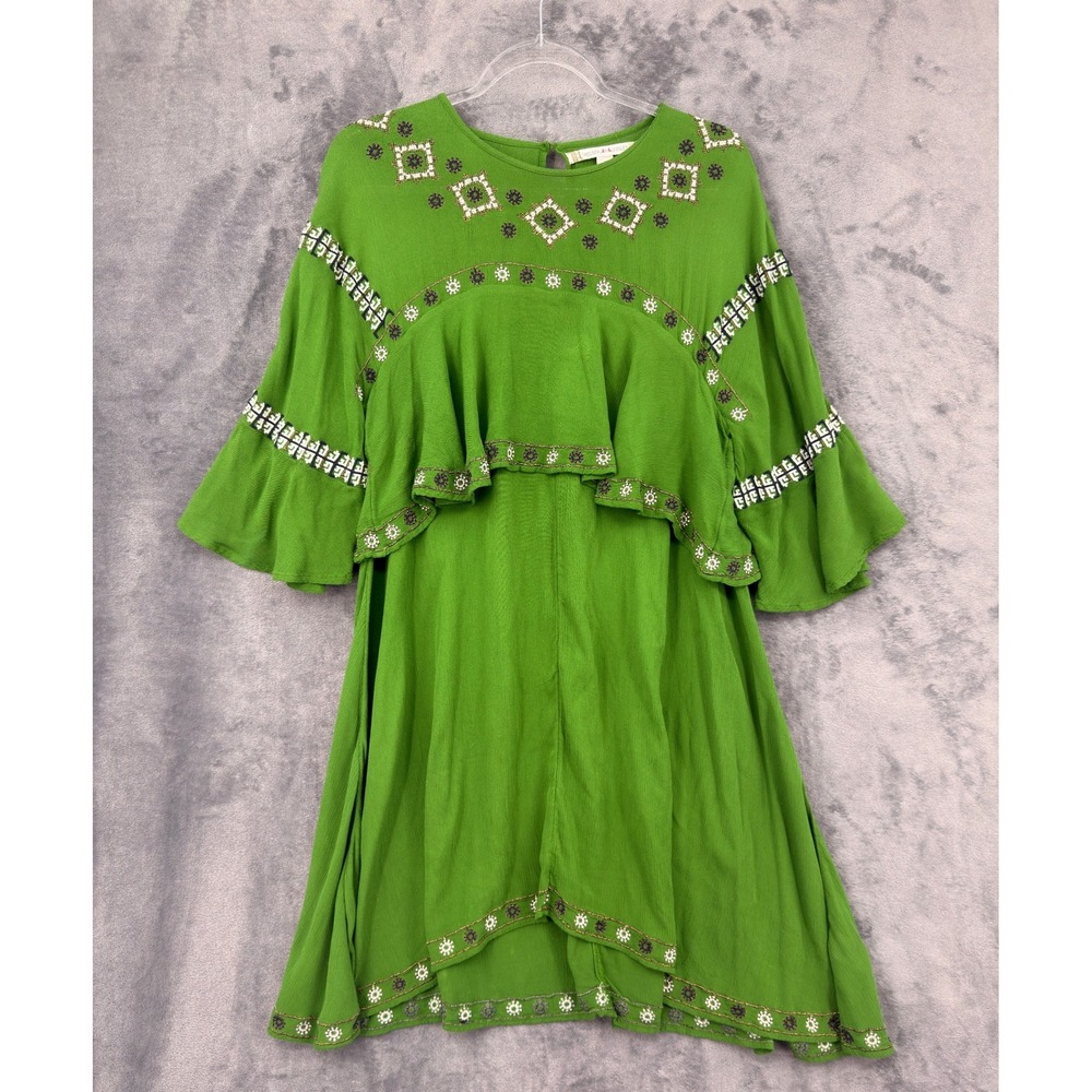 Chelsea & Violet Dress Womens Size L Ruffle Bell Sleeve Boho Western Aztec Green